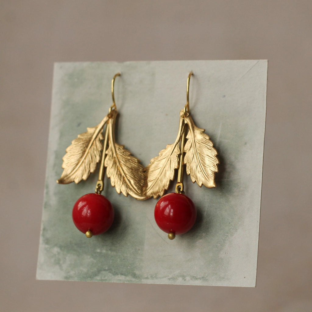 Double Leaf Red Cherry Earrings - Earrings