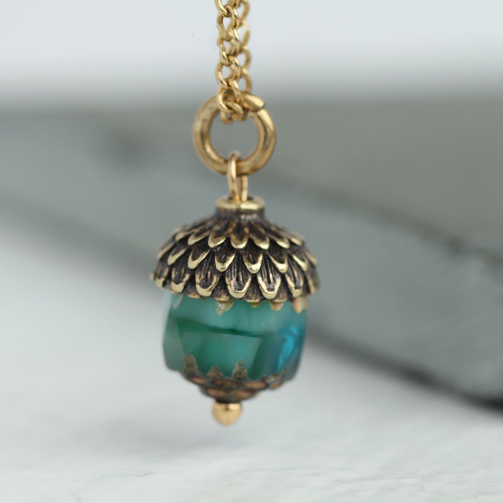 Peacock Blue Gold Acorn Necklace - Necklaces