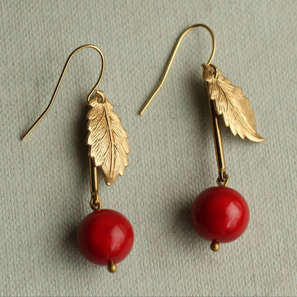 Single Leaf Red Cherry Earrings - Earrings