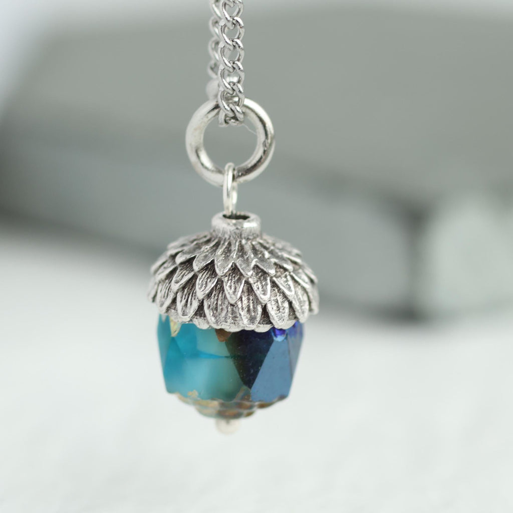 Peacock Blue Silver Acorn Necklace - Necklaces