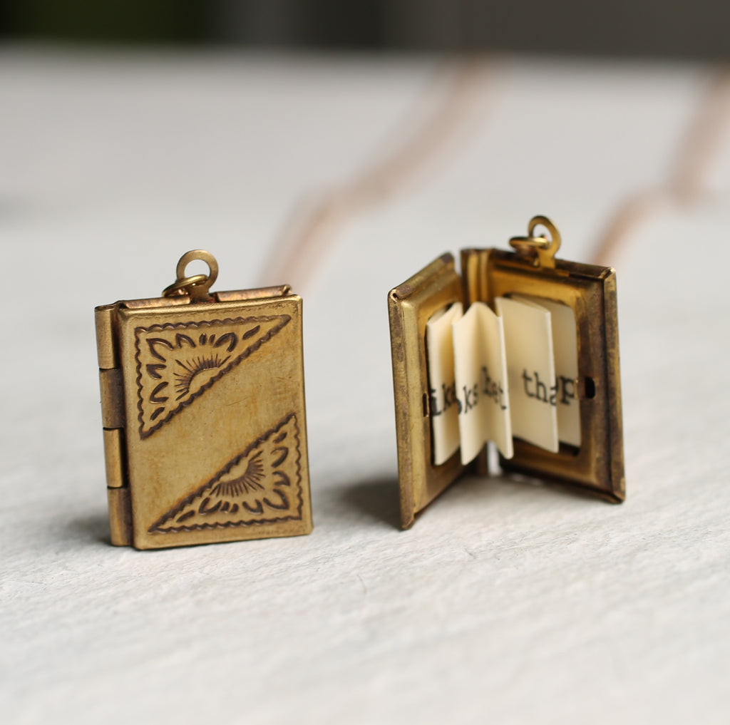Gold Brass Banner Book Locket Necklace (WS) - Necklaces