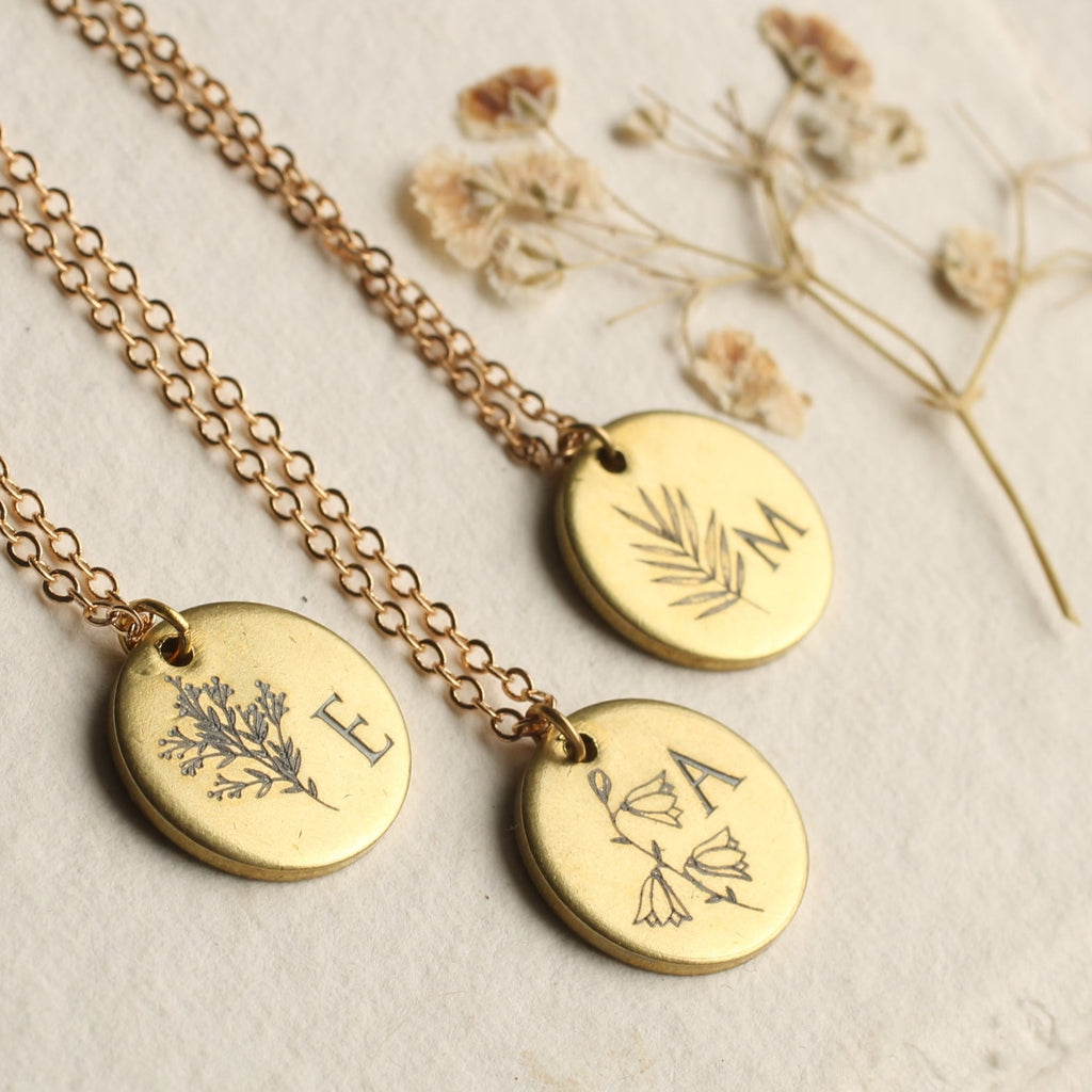 Engraved Wildflower Necklace With Initial - 