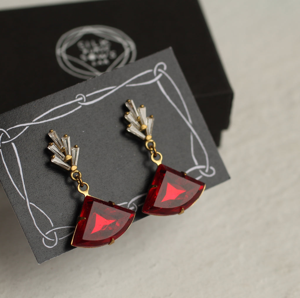 Art Deco Ruby Crystal Post Earrings - Earrings