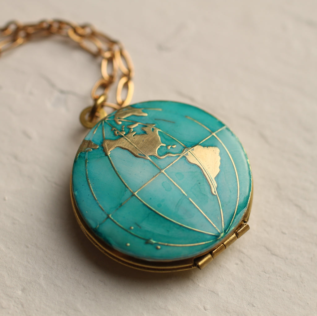 World Map Locket Gold Watercolour Locket - Western Hemisphere - Necklaces