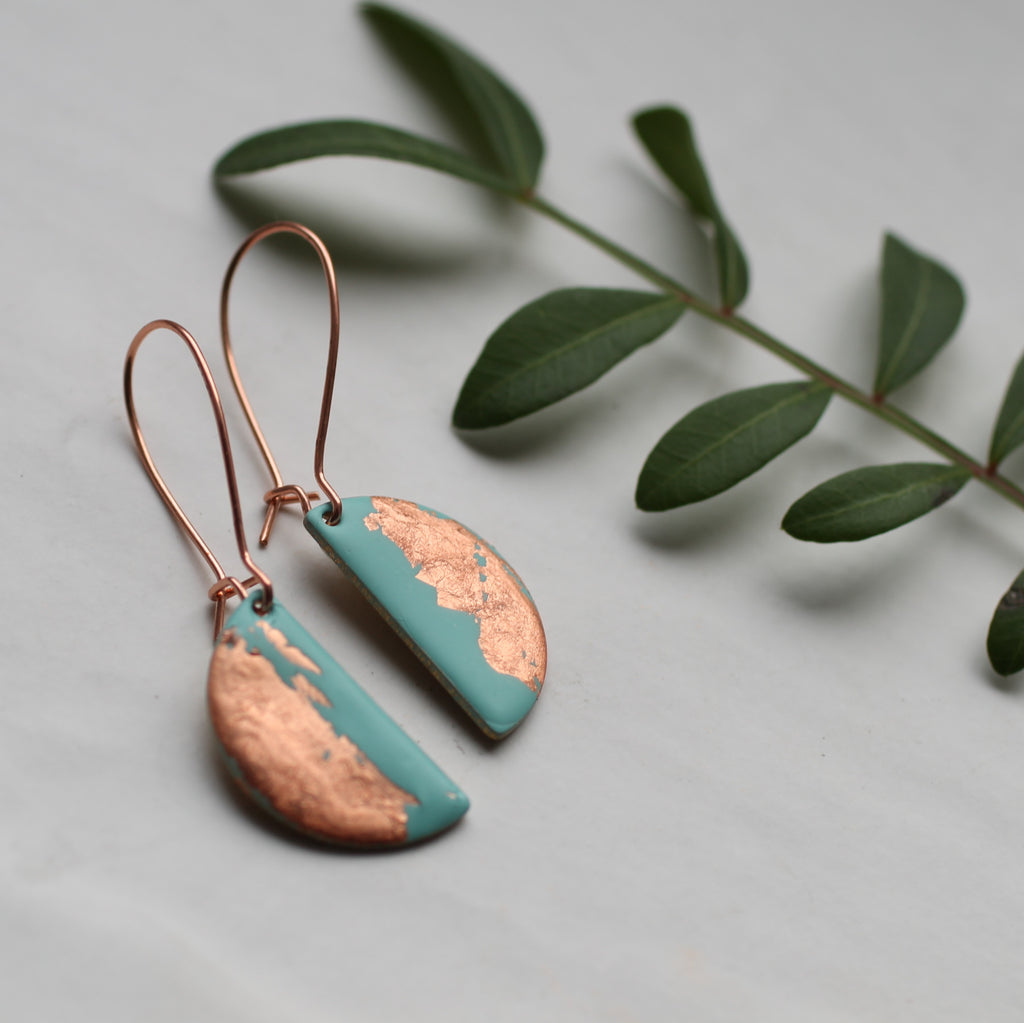 Seafoam Turquoise and Copper Enamel Earrings - Earrings