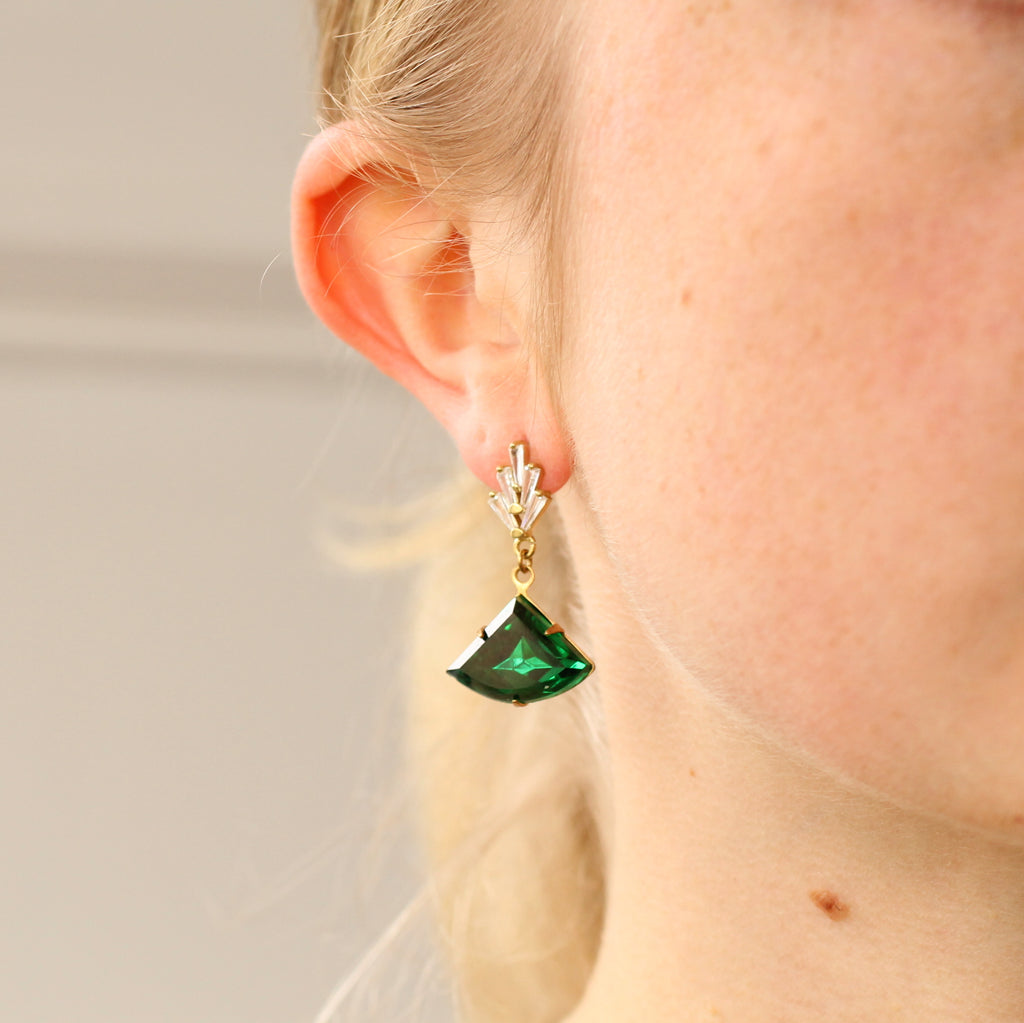 Emerald Green Chrysler Art Deco Earrings - Earrings