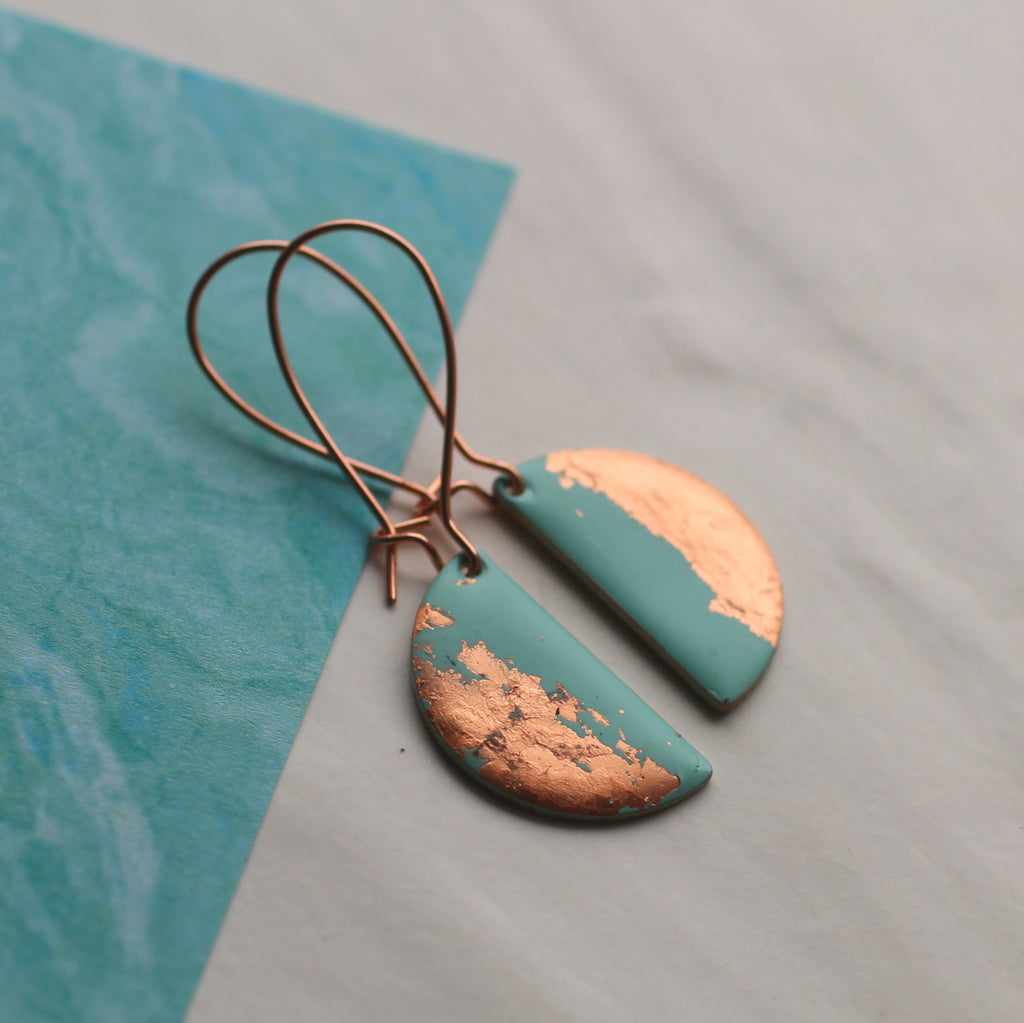 Seafoam Turquoise and Copper Enamel Earrings - Earrings