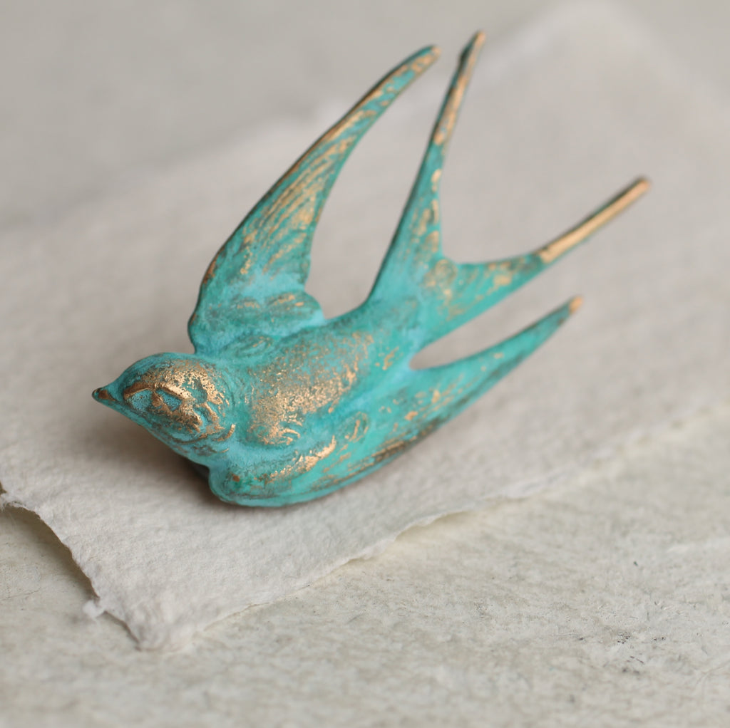 Verdigris Swallow Bird Brooch - Brooches & Pins