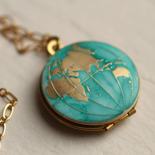 World Map Locket Gold Watercolour Locket - Necklaces